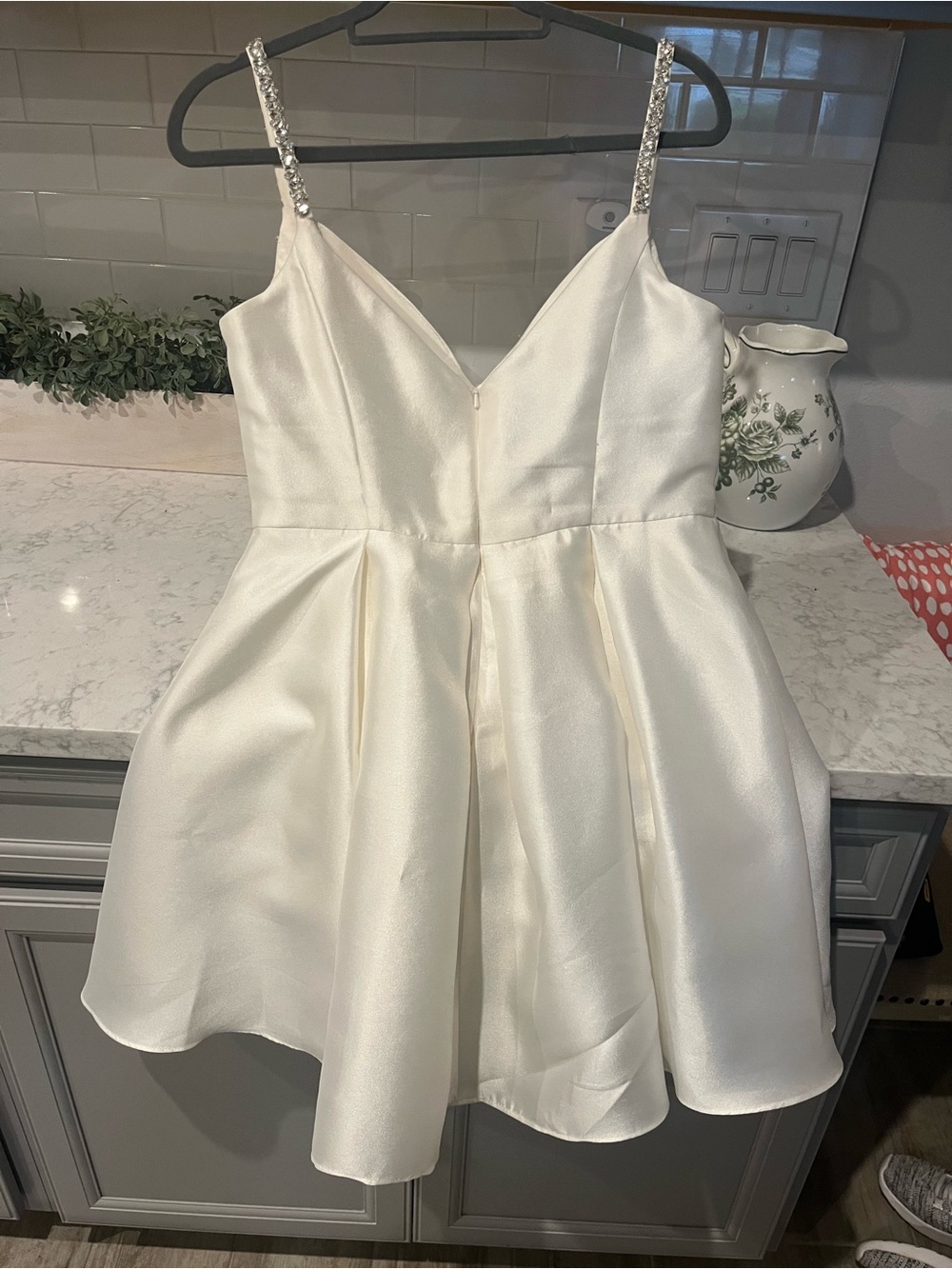 David's Bridal Ivory Satin Mini Dress with Embellished Straps - Picture 2 of 5